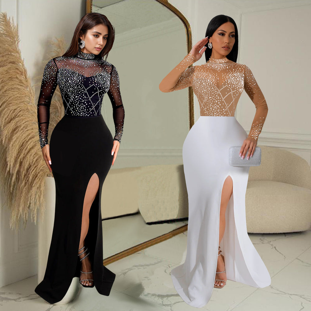 C7045 cross-border   independent station fashionable women's hot diamond slit long dress new