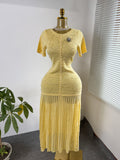 export french chic pearl embellished short-sleeve knitted dress - women's fitted waist pleated elegant maxi dress