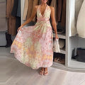 european and american export women's summer new arrival halter neck printed backless crisscross tie-up slim fit vacation style dress