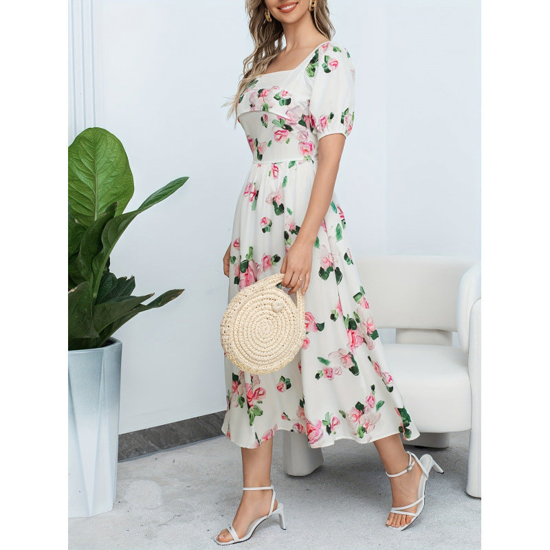 Aliexpress cross-border original design: elegant square neck fashion floral lady dress