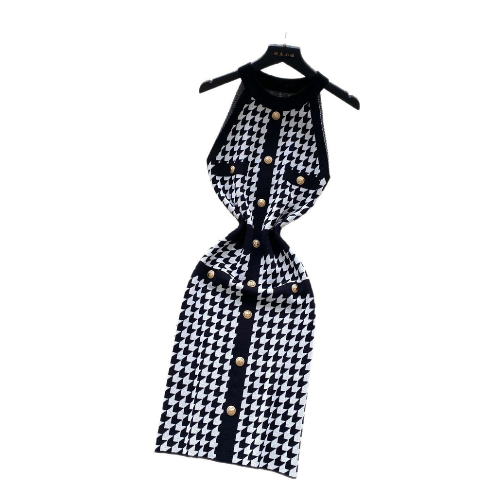 Sexy socialite accessible luxuryhalter sleeveless metal buckle silmknittingdress female french waist chidori grids skirt