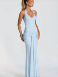 2026 cross-border women's fashion: new european and american style flowy ribbon spliced camisole maxi dress - slim fit bodycon halter neck evening gown