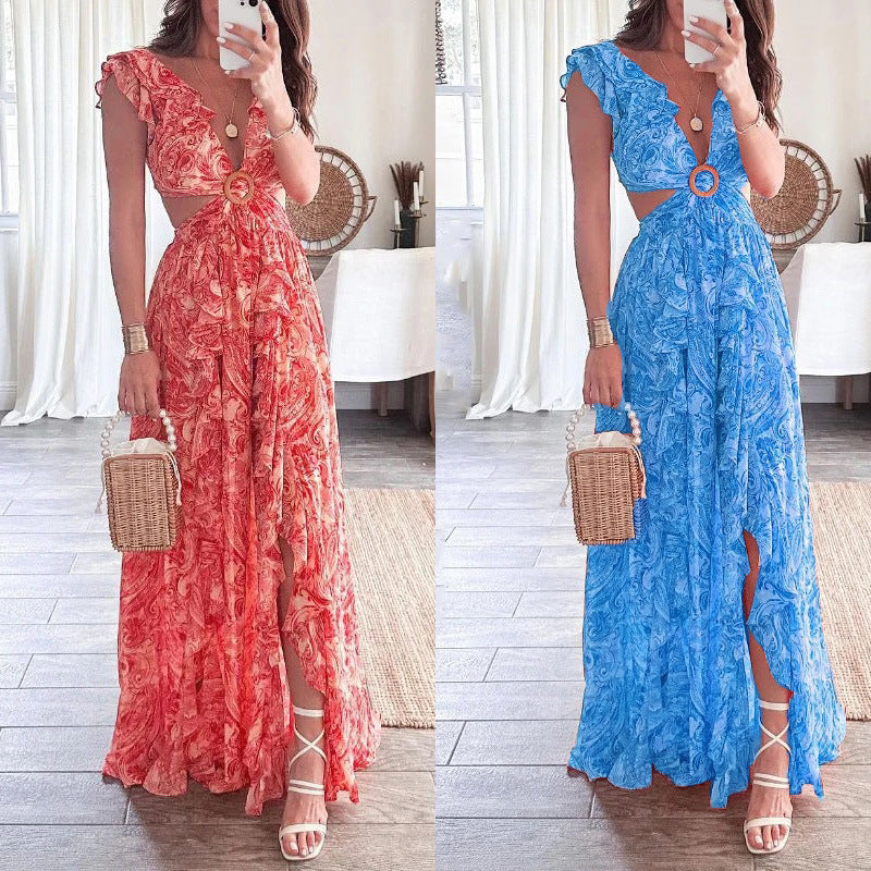 summer new women's clothing: cross-border fashionable printed v-neck ruffle hem slit dress for export to europe and the us