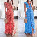 summer new women's clothing: cross-border fashionable printed v-neck ruffle hem slit dress for export to europe and the us