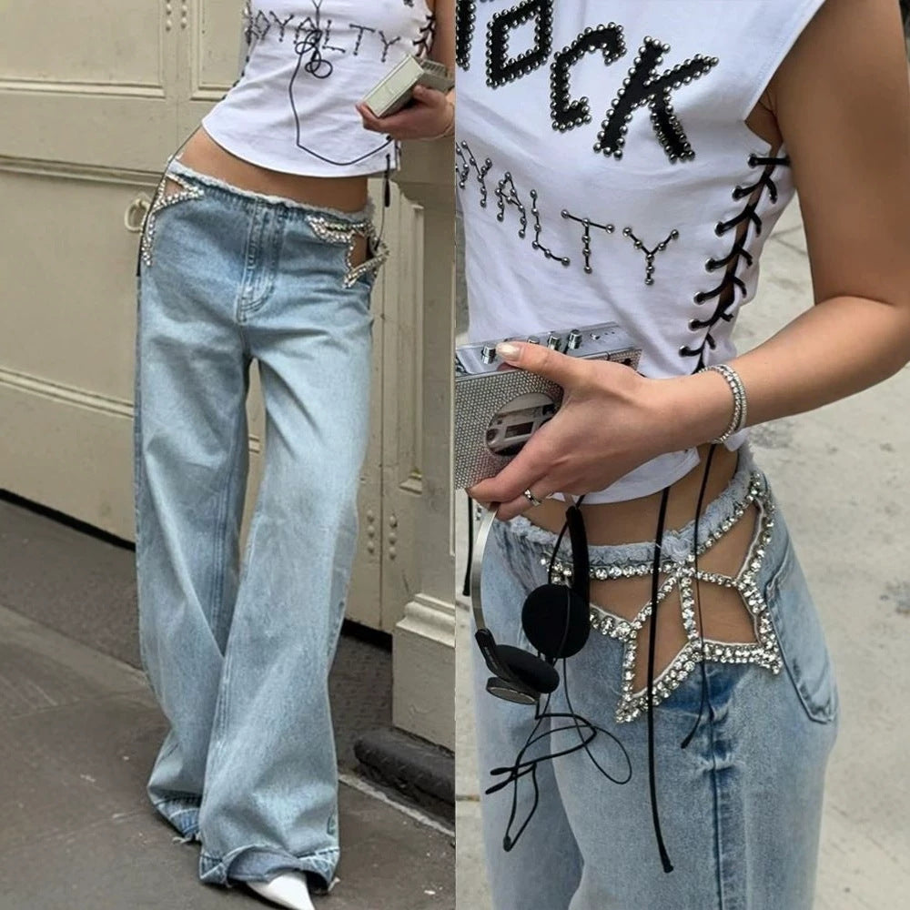 Ready stock - yt285#  cross-border fashion star cutout hotfix rhinestone women's hot girl wide leg denim jeans pants