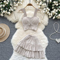 Summer outfit set for petite women: gentle style square neck cami top with flutter sleeves and ruffle mini skirt