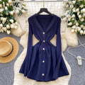 French style women's high-end v-neck metallic buckle waist-defining long sleeve knit dress - autumn/winter slimming chic sweater dress