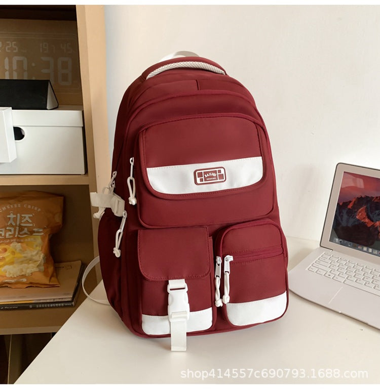 Backpack with multiple flap pocket pants design, junior high school student school bag, travel couple, large capacity, wear-resistant and dirt-resistant, campus style