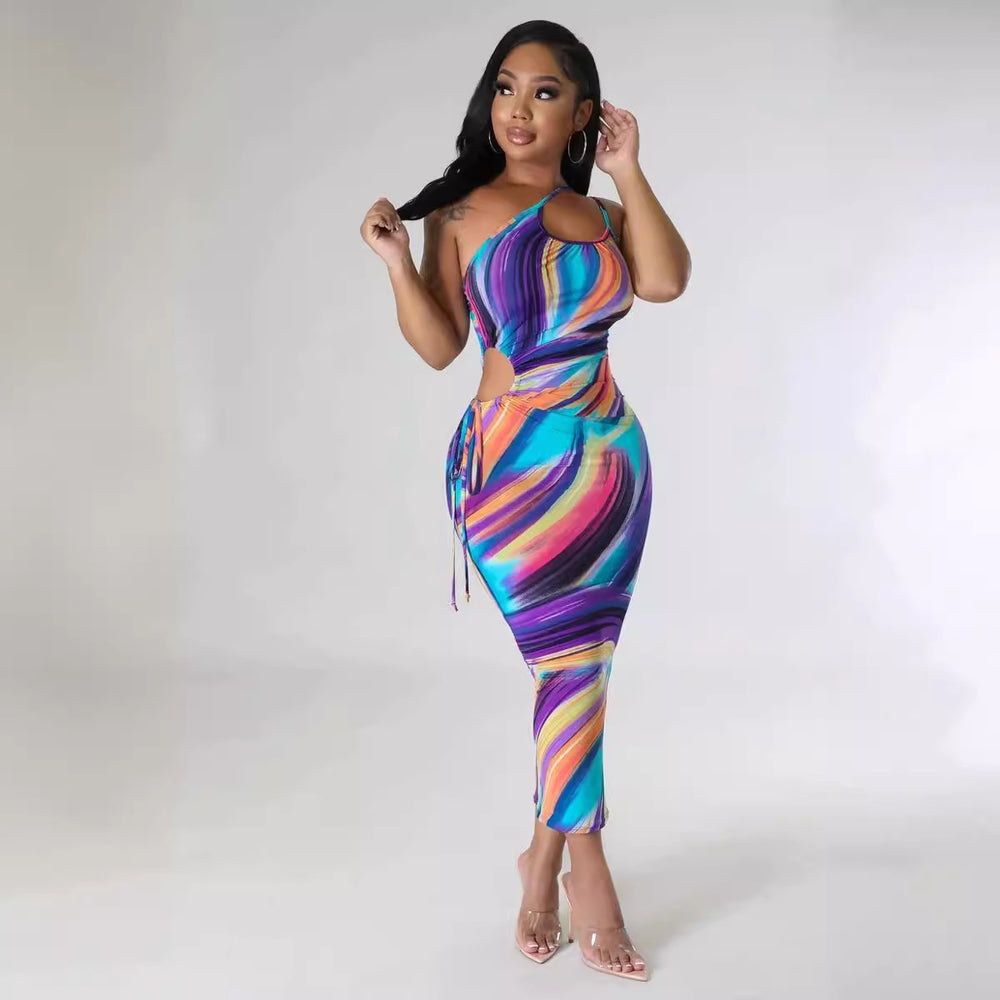 european and american cross-border  summer printed sleeveless cutout backless halter sundress