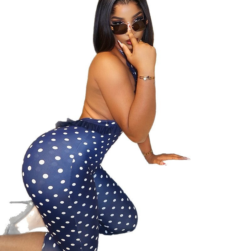 European and american style cross-border fashion polka dot women's bodycon printed backless jumpsuit halter sleeveless sporty long romper