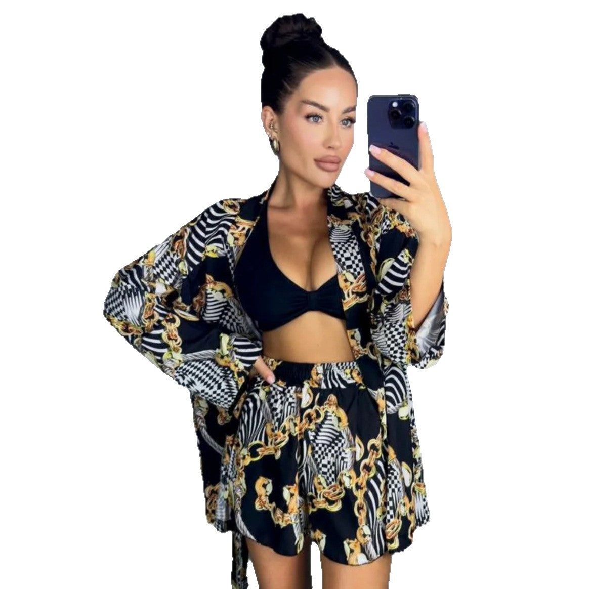 Cross-border European and American new women's clothing cardigan printed shirt women's casual shorts set  fashion two-piece set