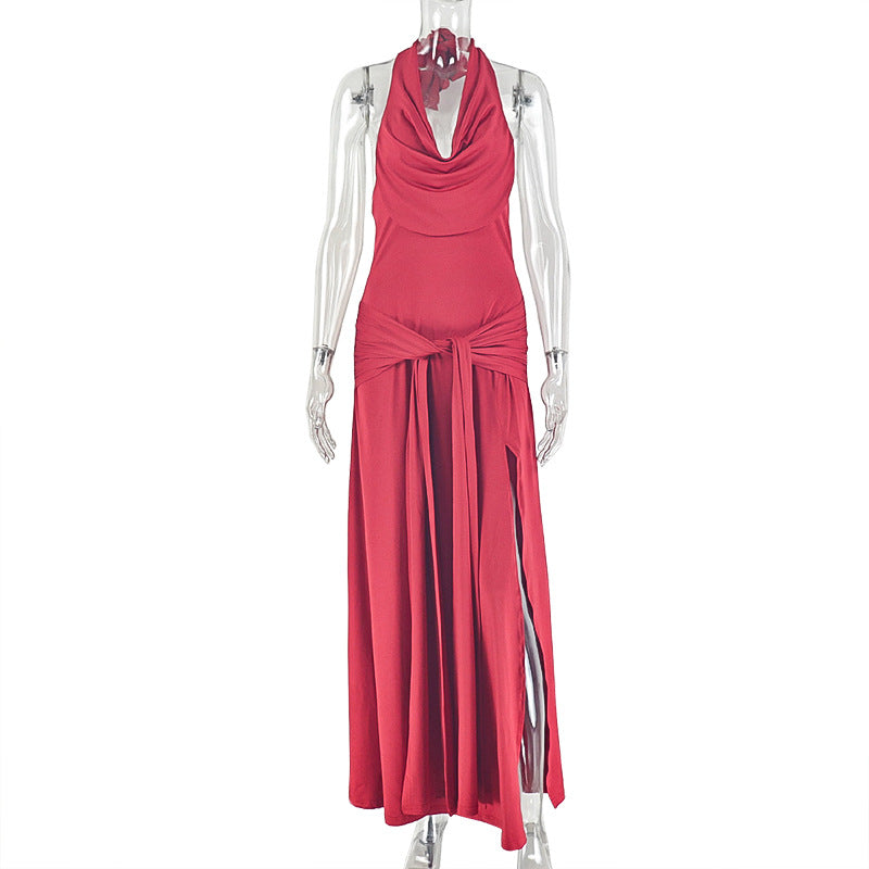 Fashion style cross-border women's pure color slit elegant halter neck hip skirt swing collar backless sleeveless pleated long dress