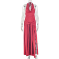 Fashion style cross-border women's pure color slit elegant halter neck hip skirt swing collar backless sleeveless pleated long dress