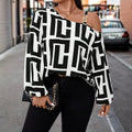 plus size retro print shirt - asymmetrical off-the-shoulder metal buckle cami with maze pattern oversized top