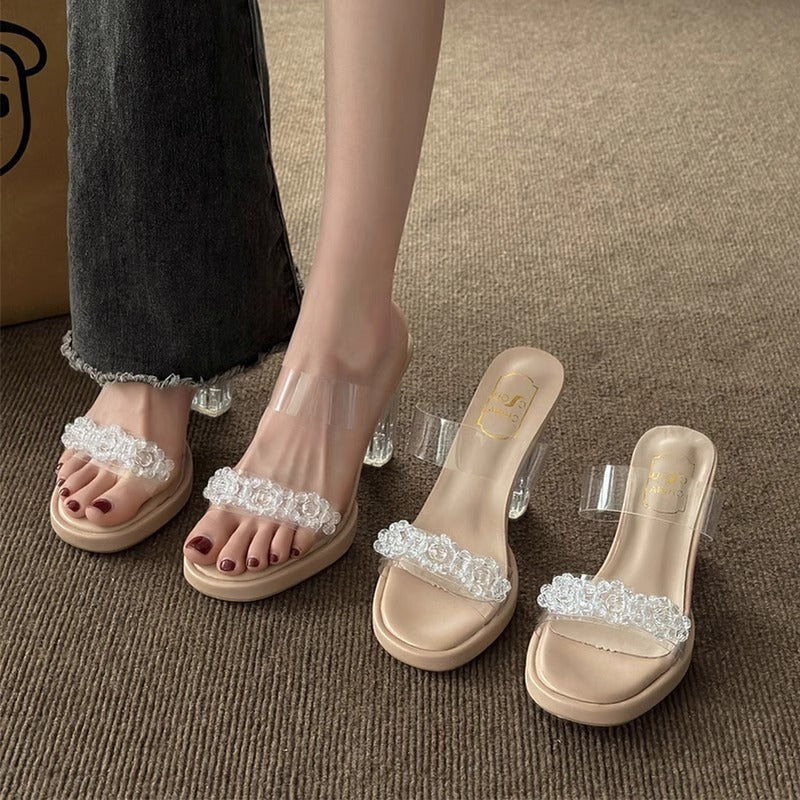 French rhinestone clear crystal heel sandals women's summer ankle strap chunky heel slippers high heel outdoor sandals