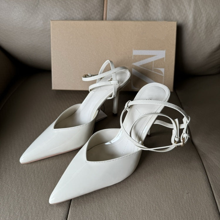 Summer new arrivals: women's white patent leather high heels - pointed toe, sexy professional sandals, closed-toe, open back
