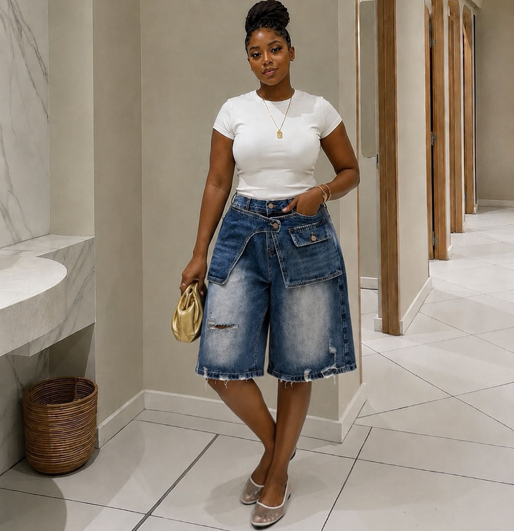 European and american style retro faux two-piece denim shorts -  cross-border women's summer distressed high-waisted capri jeans