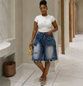 European and american style retro faux two-piece denim shorts -  cross-border women's summer distressed high-waisted capri jeans