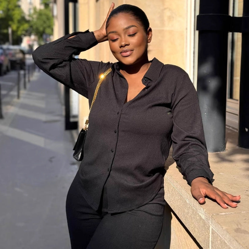 European and American large-size lapel cardigan shirt black trousers African new loose long-sleeved women's fashion two-piece set trendy