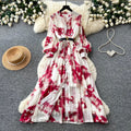 French-inspired, ombre print maxi dress - women's spring/autumn long sleeve v-neck, slim fit, elegant and chic