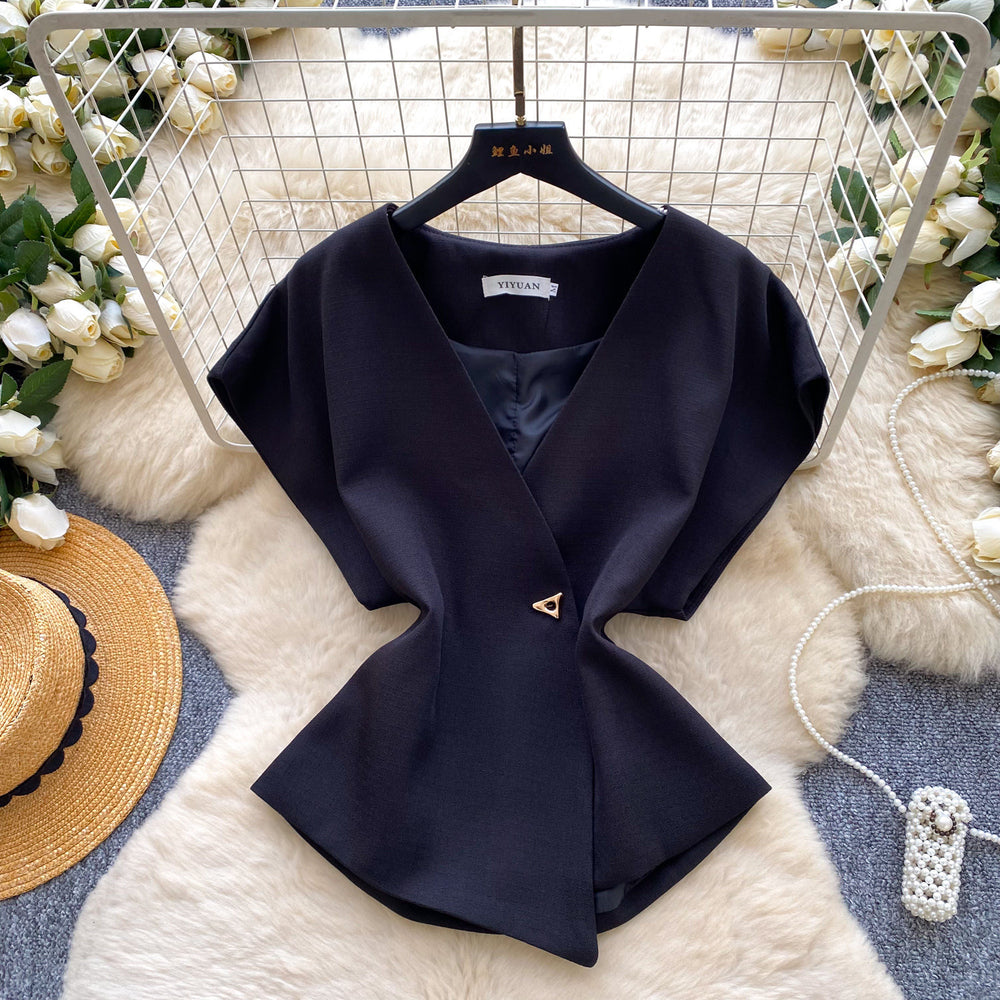 Korean style v-neck short sleeve shirt for women -  spring collection - unique, asymmetrical design - commuter chic cardigan top
