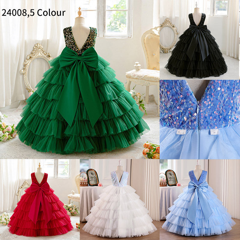 Girls' evening gown with bow detail, open back, light luxury chanel style, high-end children's runway/piano performance dress - in stock