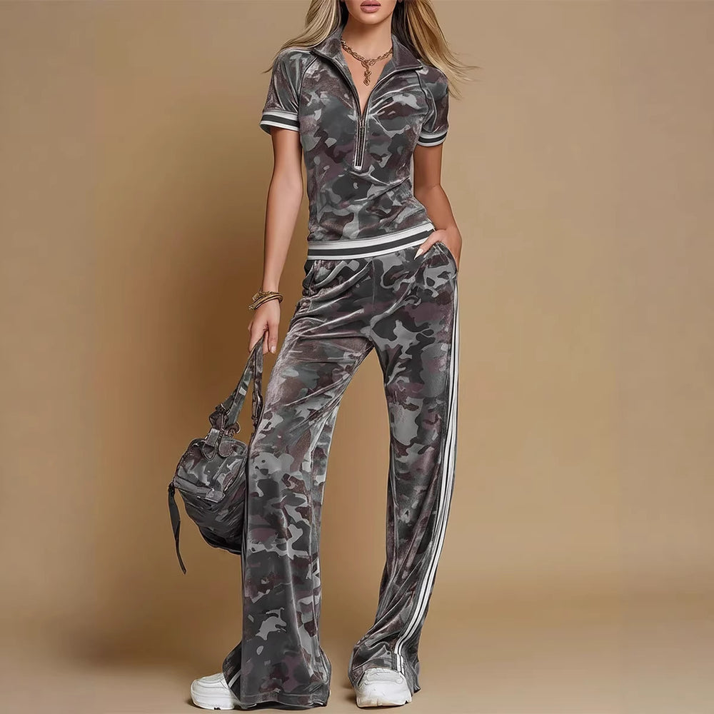 Tk tmeu supply new arrival women's clothing three stripes camouflage american street retrostraight-legcasualtwo-piece set