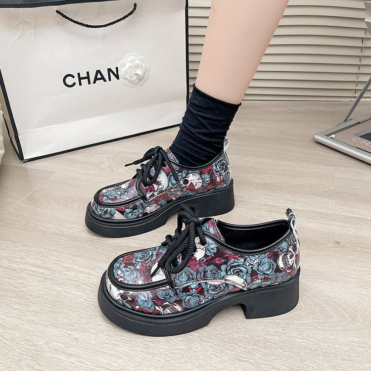 plus size small leather shoes women's british style flatsspring & fallprintingthick sole thick high heel loafersfashion