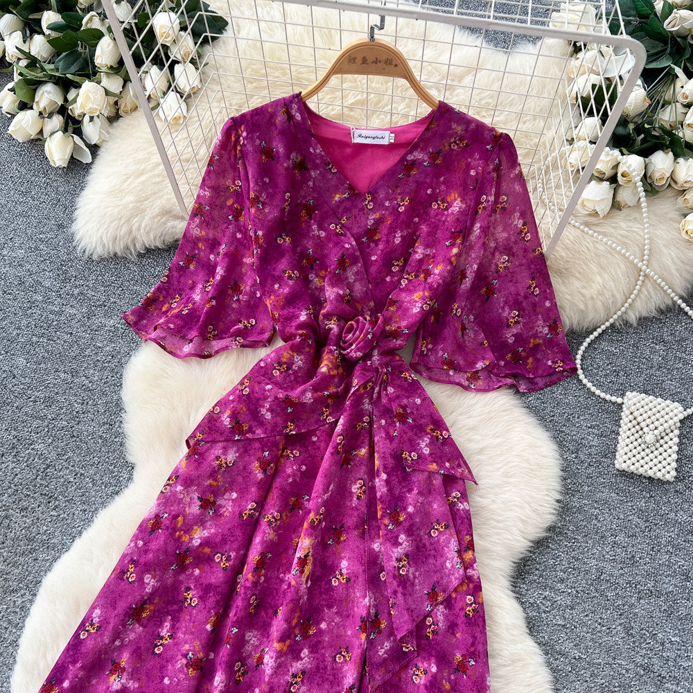 French country style blue floral short-sleeve dress - women's summer v-neck korean style fitted waist elegant maxi dress