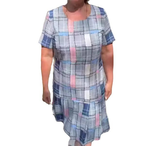 european and american style women's export dress: elegant commute print, round neck, short sleeve, loose fit, slimming, mid-length a-line dress
