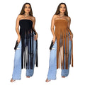 C7436 cross-border   fashion women's clothing: deerskin velvet sexy bandeau solid color tassel maxi dress