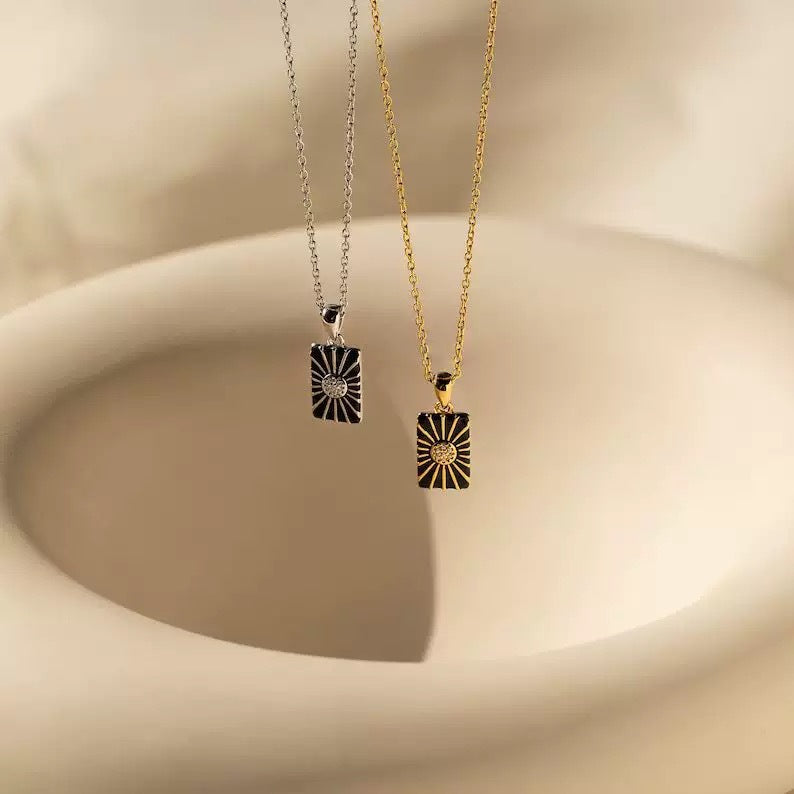 Amazon black square sun pendant stainless steel epoxy round disc tassel multi-layer necklace - unique fashion jewelry