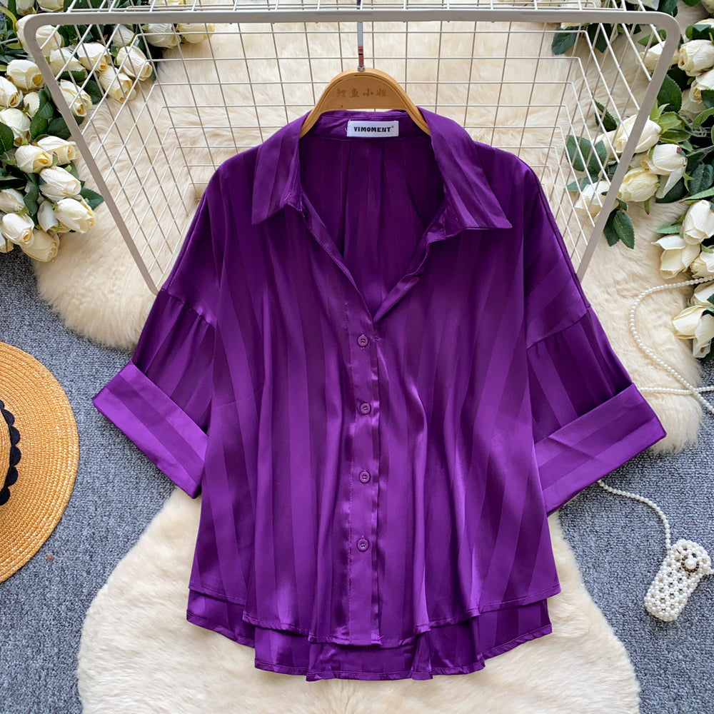 Korean style fashionable niche versatile satin blouse for women,  summer high-end slimming commute chic short top