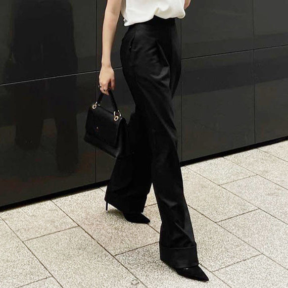 2024 hot-selling European and American simple black mopping wide-leg trousers commuting loose high waist drape suit trousers children