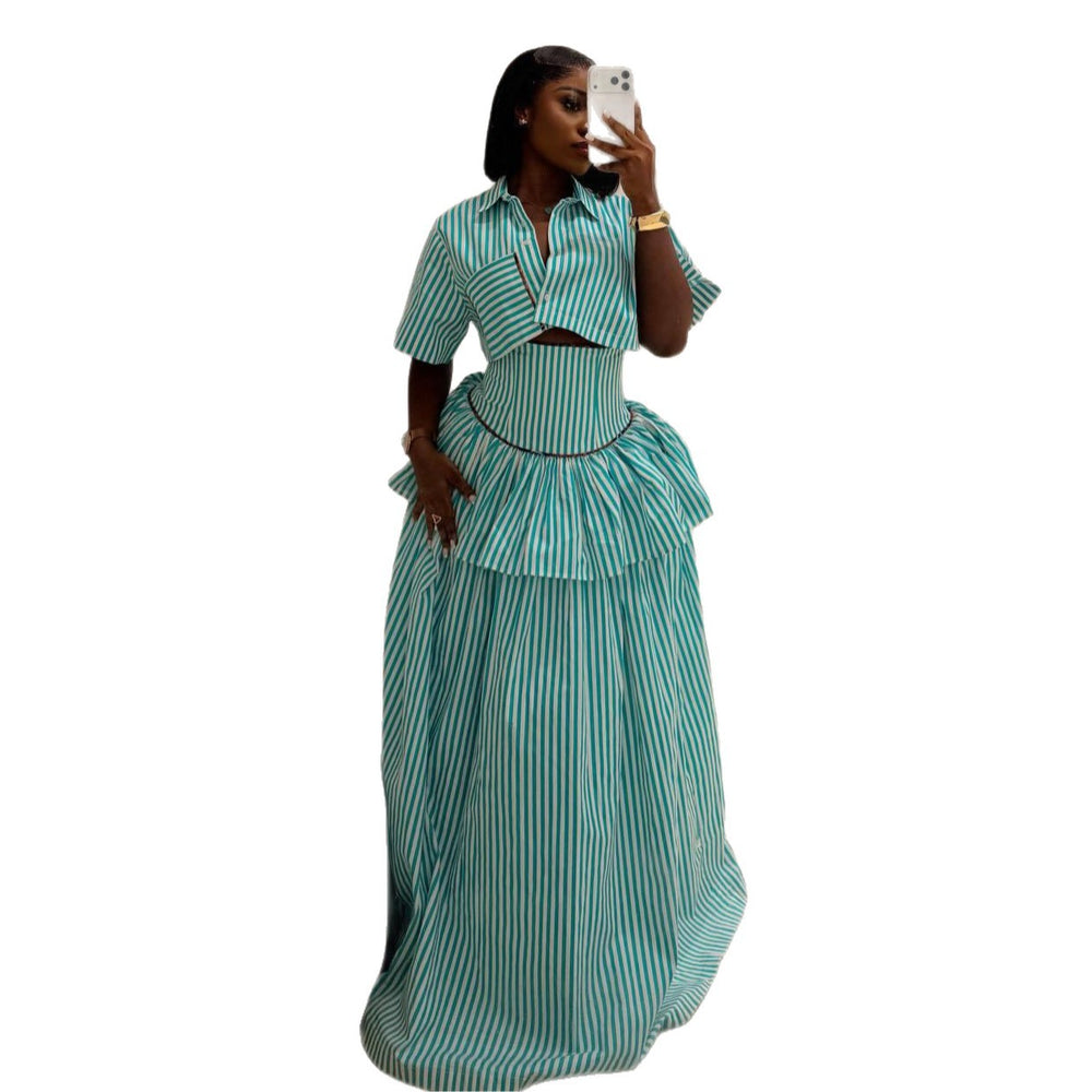 European and american cross-border women's fashion:  summer new collection - stylish and elegant striped short-sleeve shirt and waist-cinching midi skirt set
