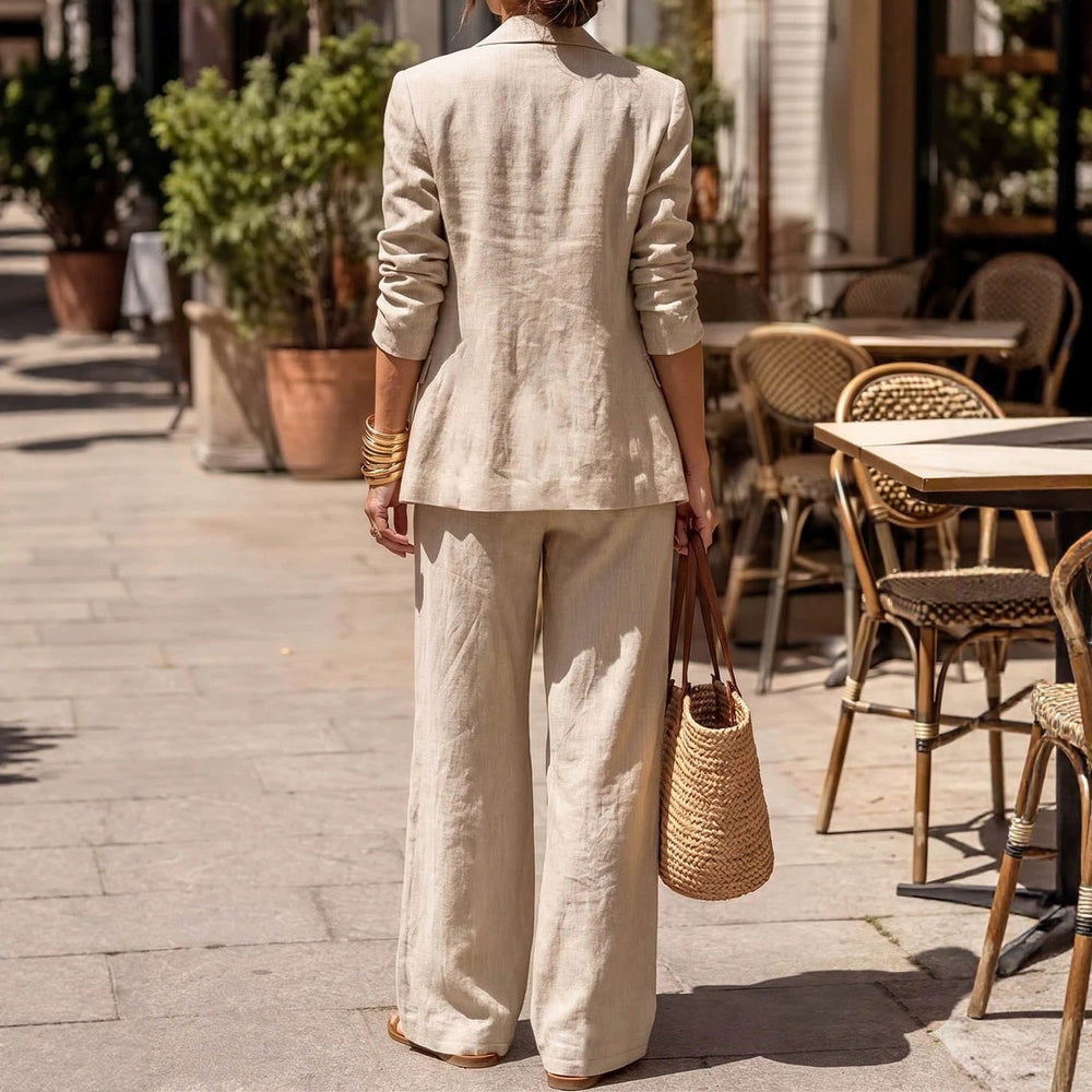 Retro rice apricot linen suit lapel casual small suit high waist pleated loose pantselegantsuit