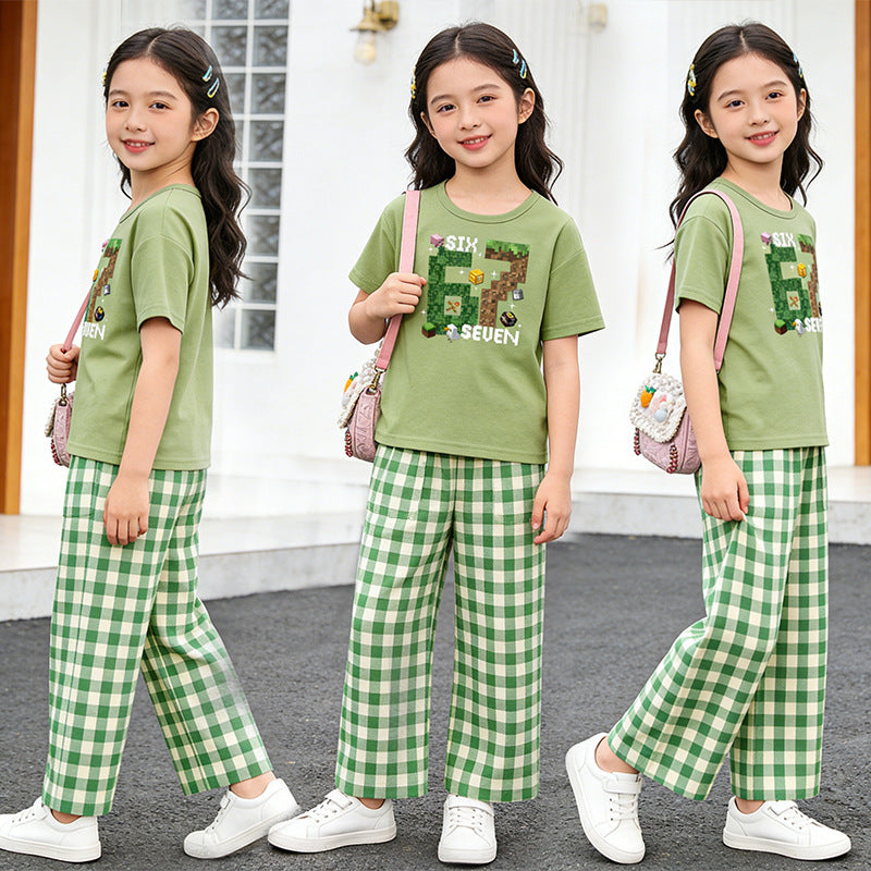 short-sleeve lightweight set: stylish and casual plaid outfit for girls (sizes for mid-to-large children) - new summer two-piece set with plaid pants