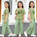 short-sleeve lightweight set: stylish and casual plaid outfit for girls (sizes for mid-to-large children) - new summer two-piece set with plaid pants