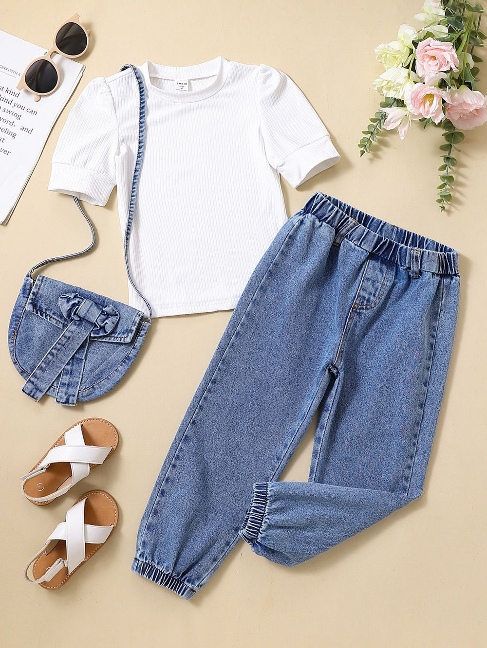Girls'  spring new arrival:  bestseller long-sleeve outfit - denim pants + adorable fashion denim bag