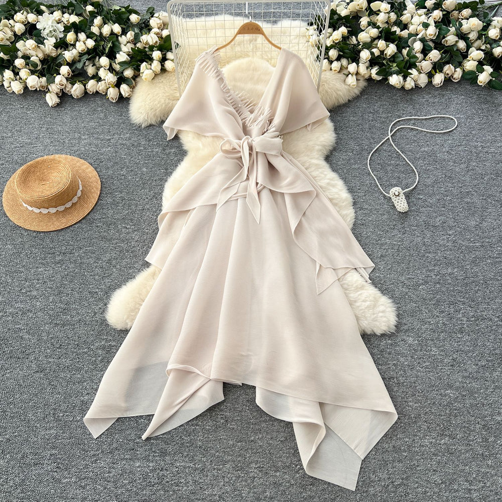 Fashionable v neckstereopatchwork strap waist asymmetrical pleated dress women's celebrity fashionable dress