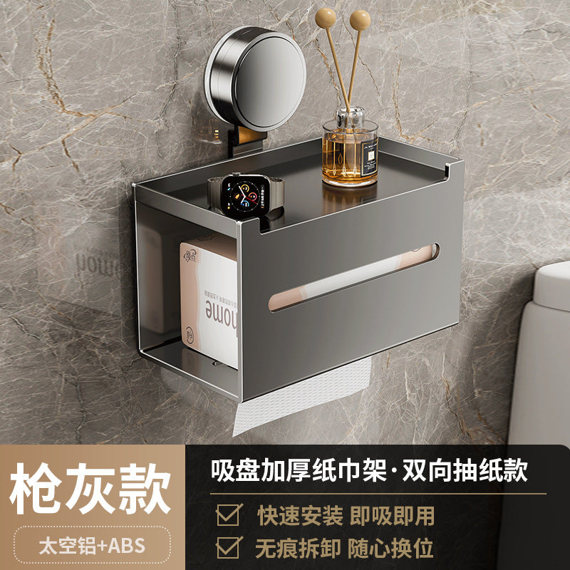 Bathroom suction cup tissue box wall mount - no drilling required - toilet paper holder for roll and sheet tissue - storage rack