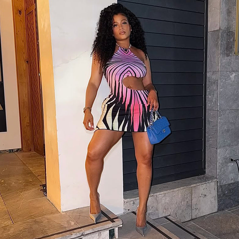 Fashion style cross-border fashion chest-wrapped women's color-blocked halter neck hip-covering skirt exposed navel asymmetrical summer short dress