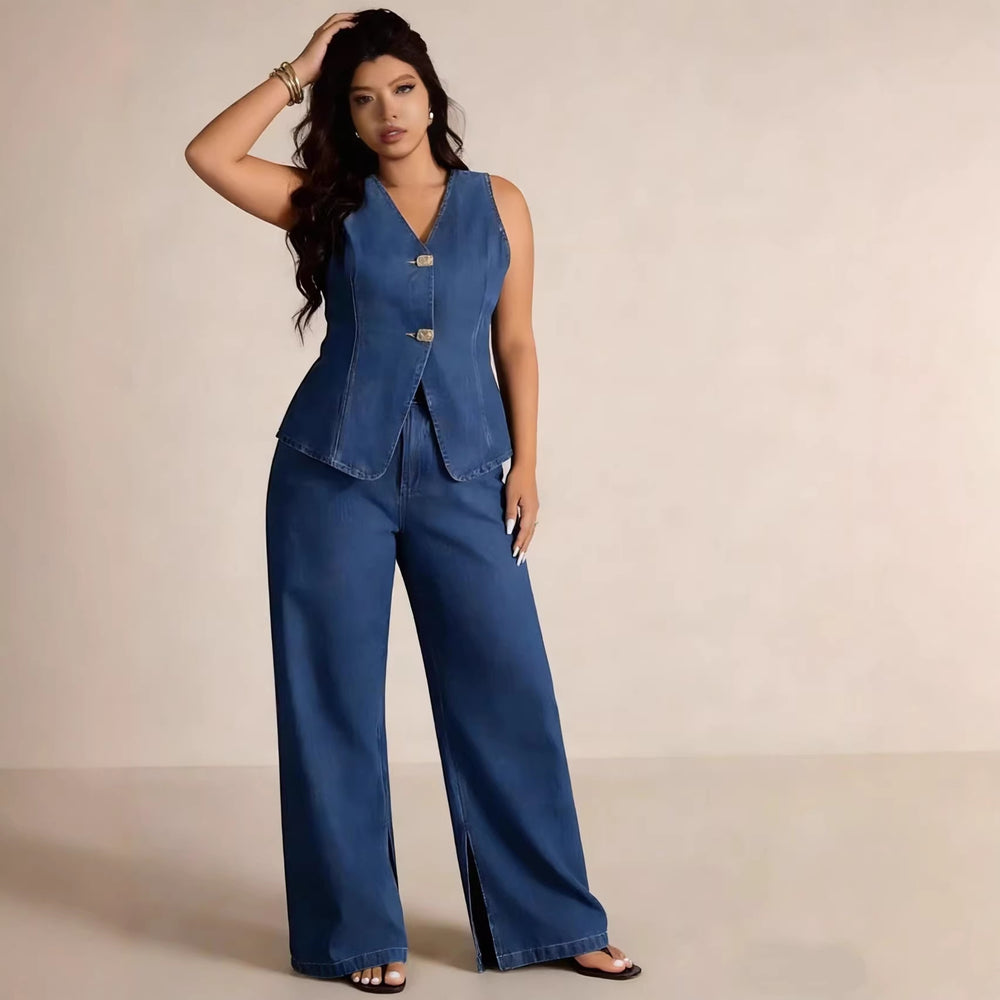 Fashionable and chic button-up sleeveless vest and wide-leg jeans denim set for women - perfect for cross-border e-commerce on  and