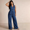 Fashionable and chic button-up sleeveless vest and wide-leg jeans denim set for women - perfect for cross-border e-commerce on  and