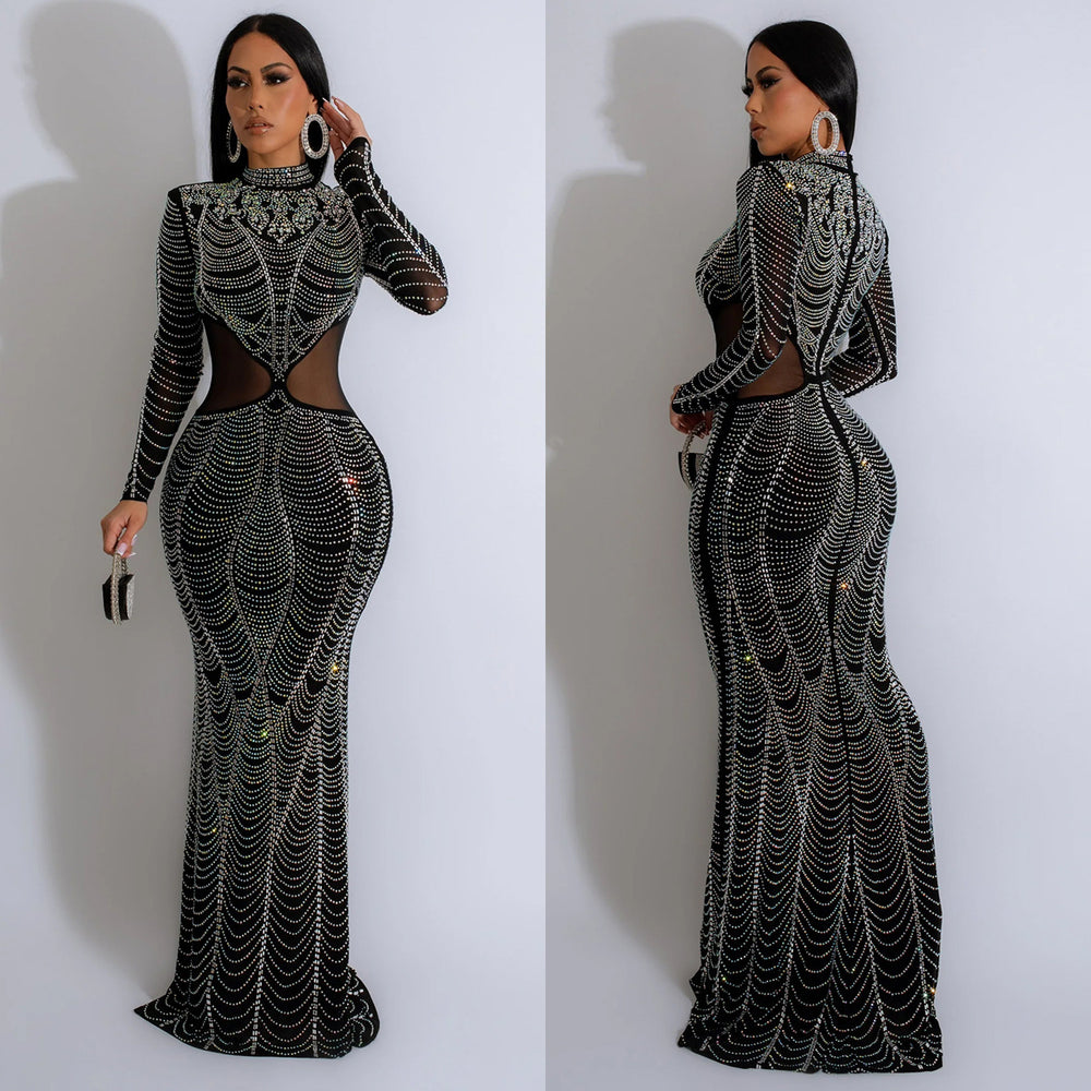C6863 cross-border   fashion women's solid color mesh rhinestone long dress