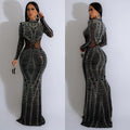 C6863 cross-border   fashion women's solid color mesh rhinestone long dress