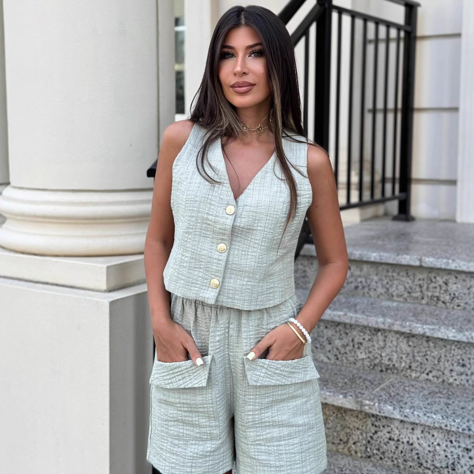 Cross-border European and American high-end sleeveless cardigan vest top temperament thin shorts women's  new two-piece set