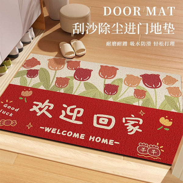 Silk circle carpet at the door, red flower floor mat, small and fresh door mat, non-slip door mat, scrubbing and cutting
