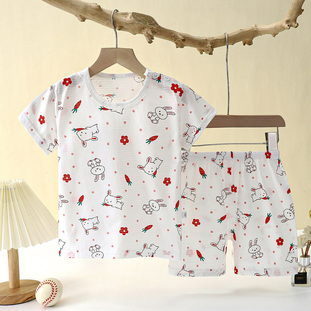 New children's summer pajamas & loungewear set - pure cotton, lightweight, hollow-out design, perfect for air-conditioned rooms - girls' two-piece set