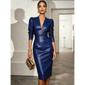 new european and american style fashion v-neck long sleeve fitted leather dress for independent online stores